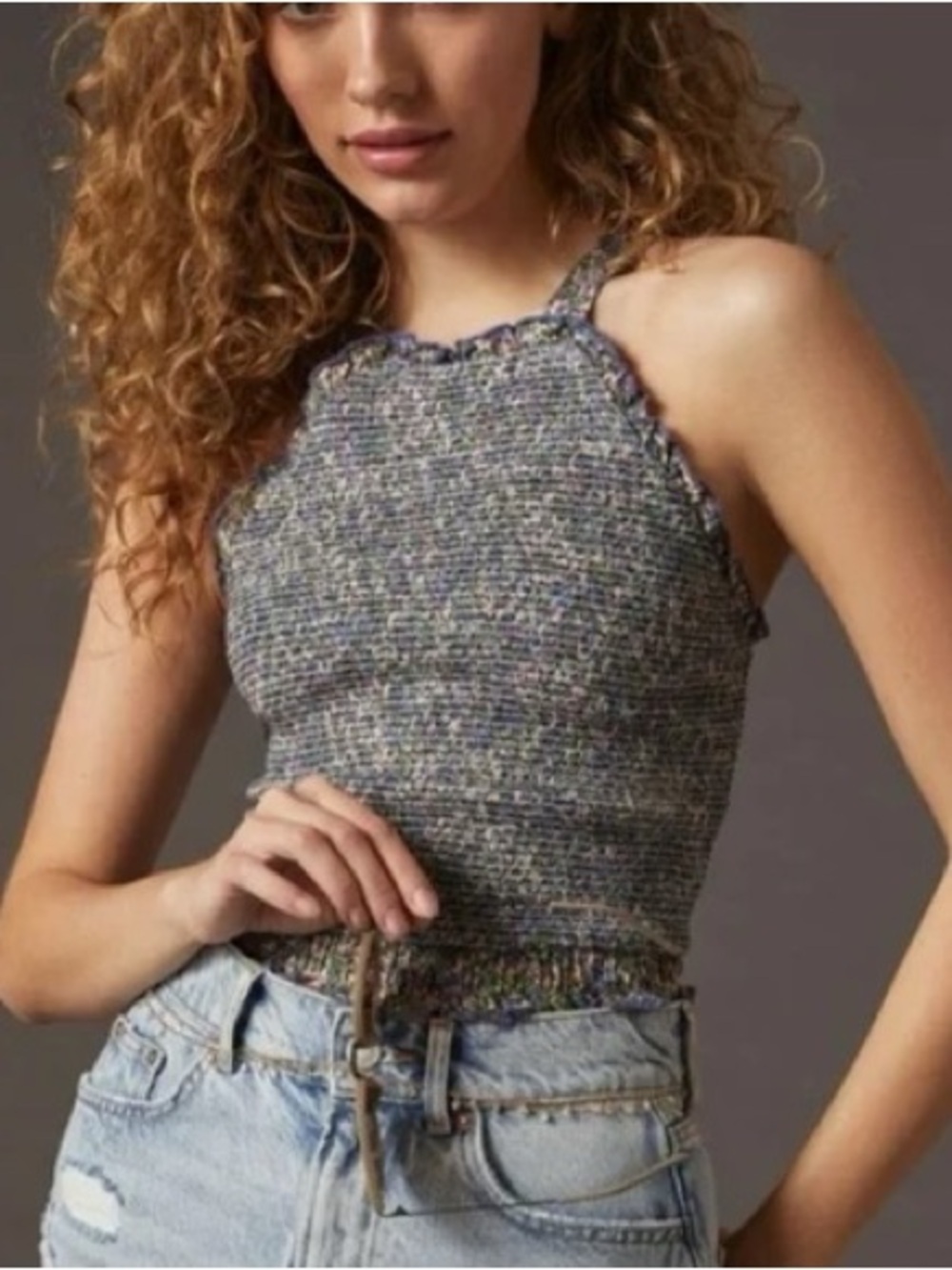 BY Anthropologie Ruched Blue Floral Apron Square Neck Top Size M Cropped Ruffle